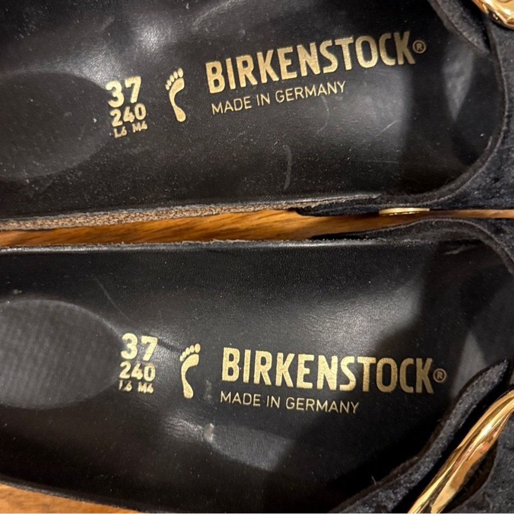 Birkenstock Black Velvet Slide Sandals with Gold Buckles - Picture 2 of 6